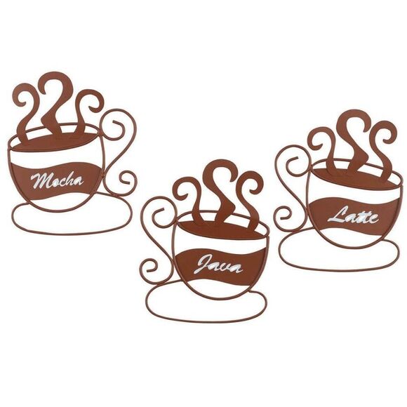 Coffee Cup 3-Pc Wall Hanging Decor Metal Java Latte Mocha Brown Kitchen Cafe - Picture 1 of 5